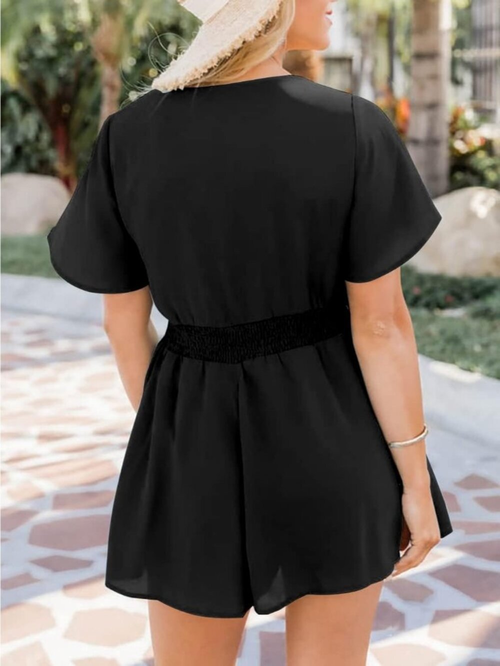 Women's Black Summer Cute Loose Tie Front Casual V Neck Wide Leg Romper - Picture 4 of 5
